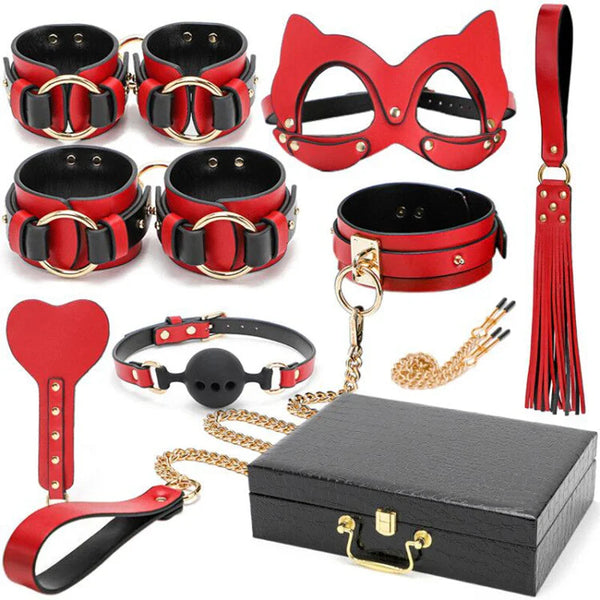 Fifty Shades Play Kit + Box Set - ankle cuffs, handcuffs, leash, mask, paddle