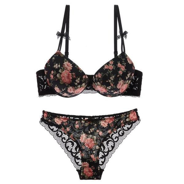 Floral Lace Lingerie Set - Black / 34A - bra, bras, brasier, brasiers, panties