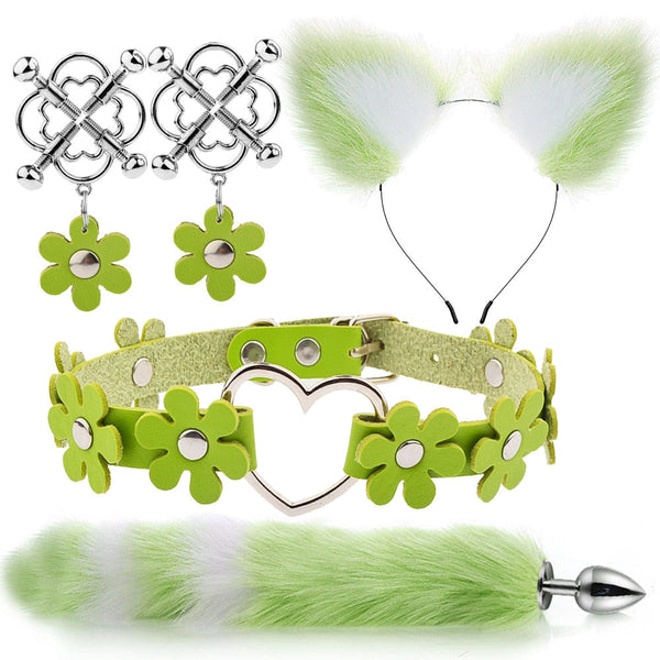 Flower Pup Play Set - Green 2 - butt plugs, cat ears, choker, choker necklace, necklaces