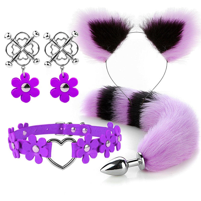 Flower Pup Play Set - Purple 4 - butt plugs, cat ears, choker, choker necklace, necklaces