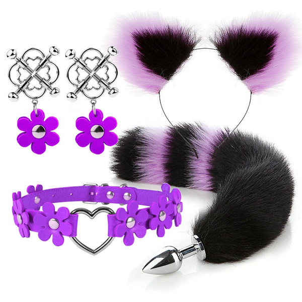 Flower Pup Play Set - Purple 5 - butt plugs, cat ears, choker, choker necklace, necklaces