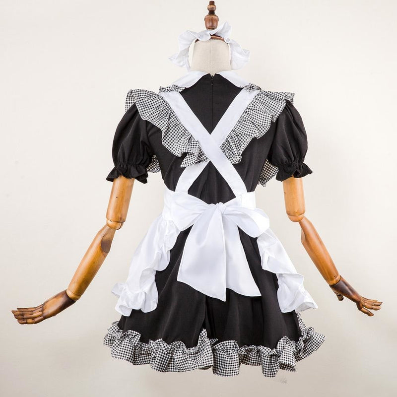 French Maid Cosplay: Sassy black dress, white apron, gingham ruffles on mannequin