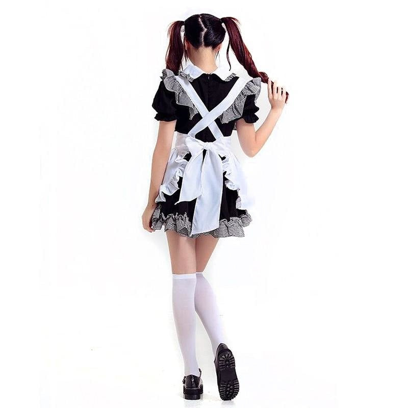 French maid cosplay outfit with black dress, white apron, and knee-high white socks