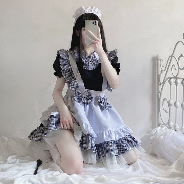 French Maid Cosplay with gingham accents and ruffles for sassy traditional maid fans