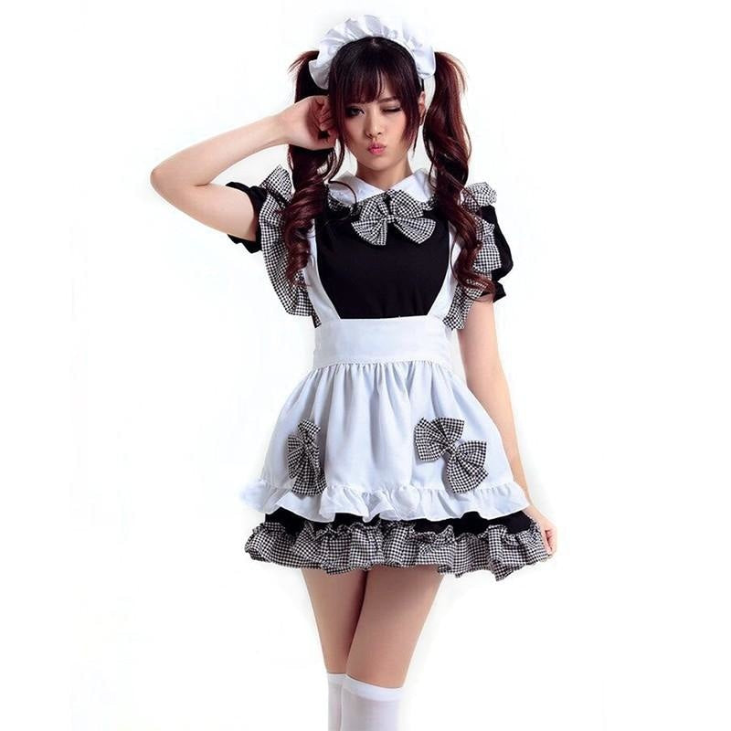 French Maid Cosplay: Woman in black dress, white apron, gingham bows for maid cosplay