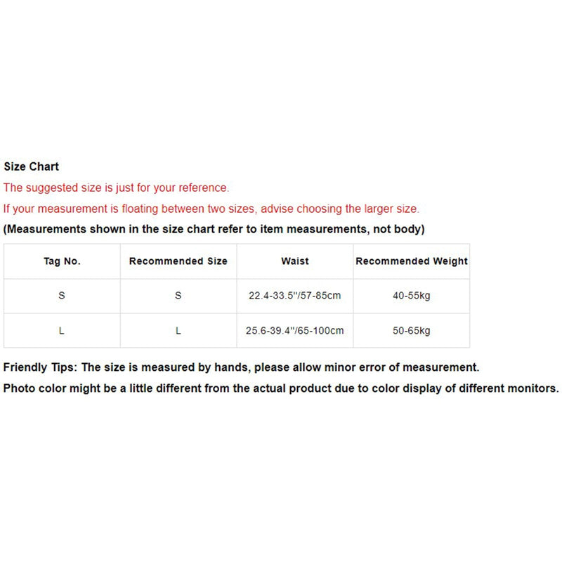 Size chart for clothing with waist measurements and recommended weights.