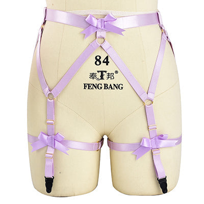 Lavender satin garter belt with bows and adjustable straps.