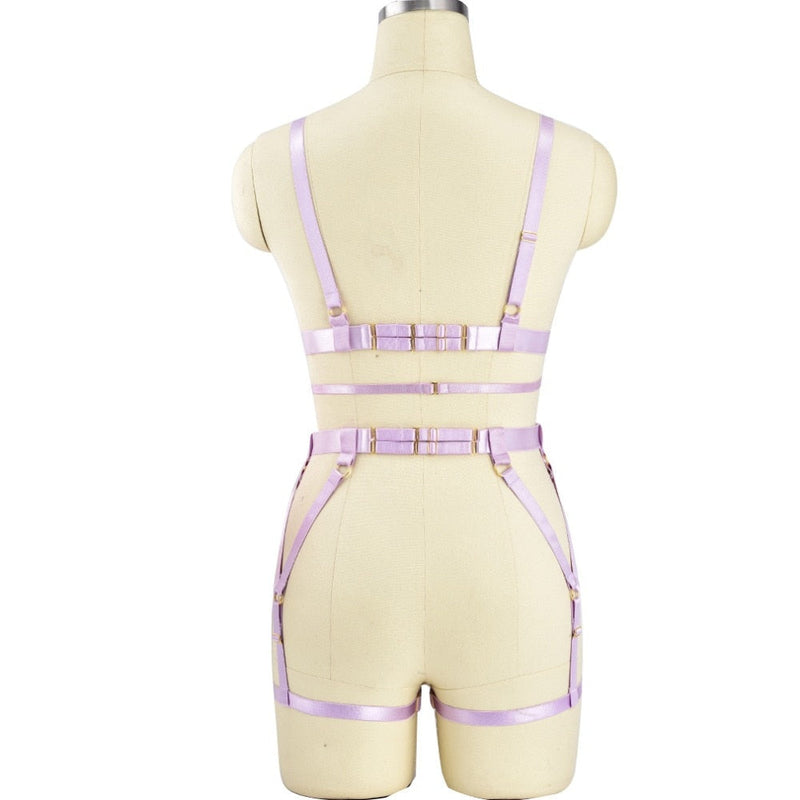Lavender strappy harness lingerie set displayed on a mannequin torso.