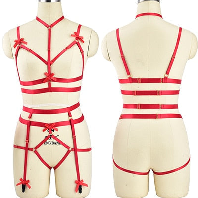 Red strappy lingerie set with bows displayed on a mannequin torso.