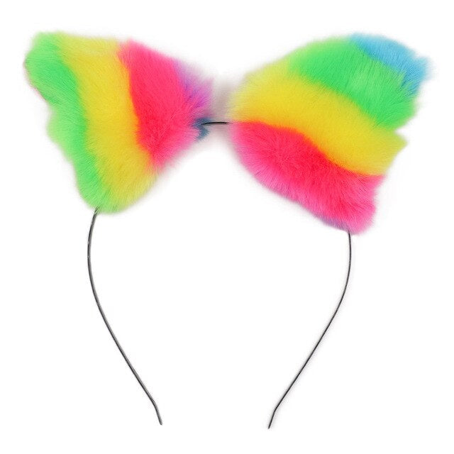 Rainbow-colored fluffy cat ears headband.