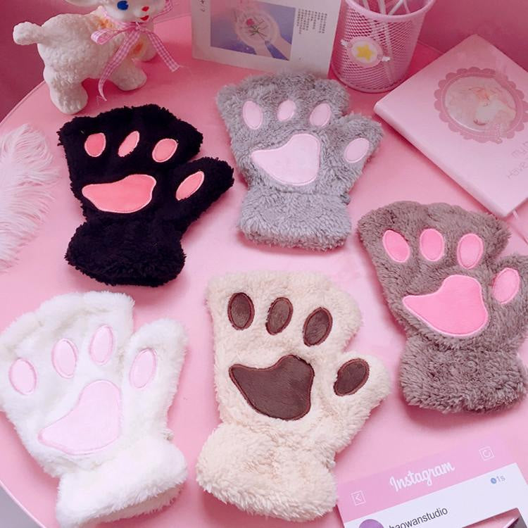 Furry Neko Mittens - bear paw, cat fingerless, fingerless gloves, fluffy