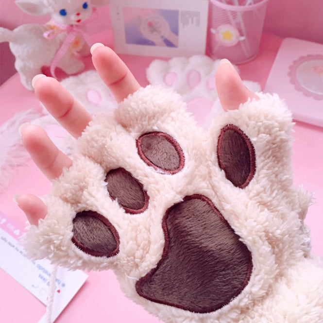 Furry Neko Mittens - bear paw, cat fingerless, fingerless gloves, fluffy