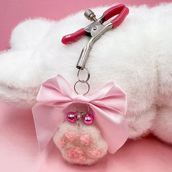 Fuzzy Paw Print Pink Nipple Clamps with Ribbons