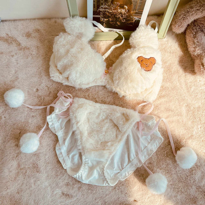 Fuzzy Teddy Bear Lingerie Set - bear, bear ears, lingerie, bra, bralette