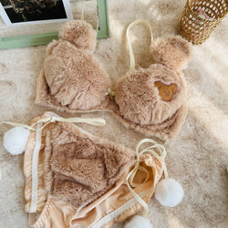 Fuzzy Teddy Bear Lingerie Set - bear, bear ears, lingerie, bra, bralette