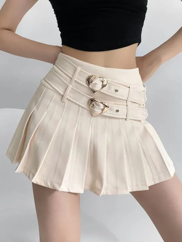 Heart Buckle Pleated Skirt - belt buckle, pleated, pleated skirt, skirts