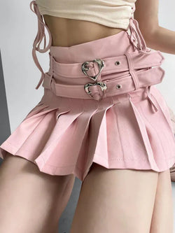 Heart Buckle Pleated Skirt - belt buckle, pleated, pleated skirt, skirts