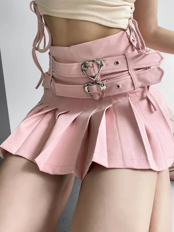 Heart Buckle Pleated Skirt - belt buckle, pleated, pleated skirt, skirts