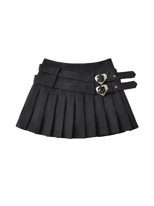 Heart Buckle Pleated Skirt - belt buckle, pleated, pleated skirt, skirts