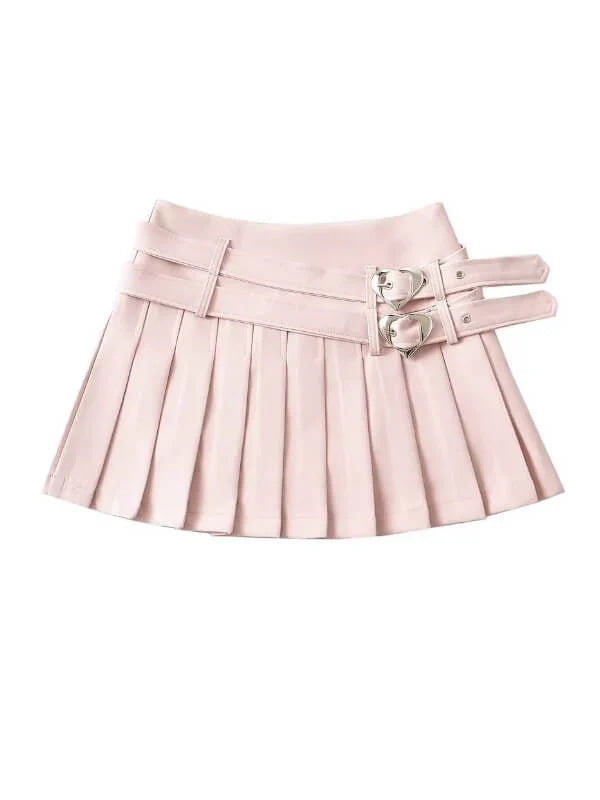 Heart Buckle Pleated Skirt - belt buckle, pleated, pleated skirt, skirts