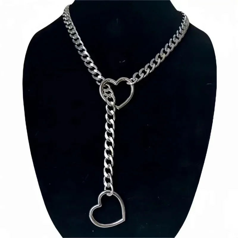 Heart O-Ring Silver Collar & Leash Chain Necklace Set