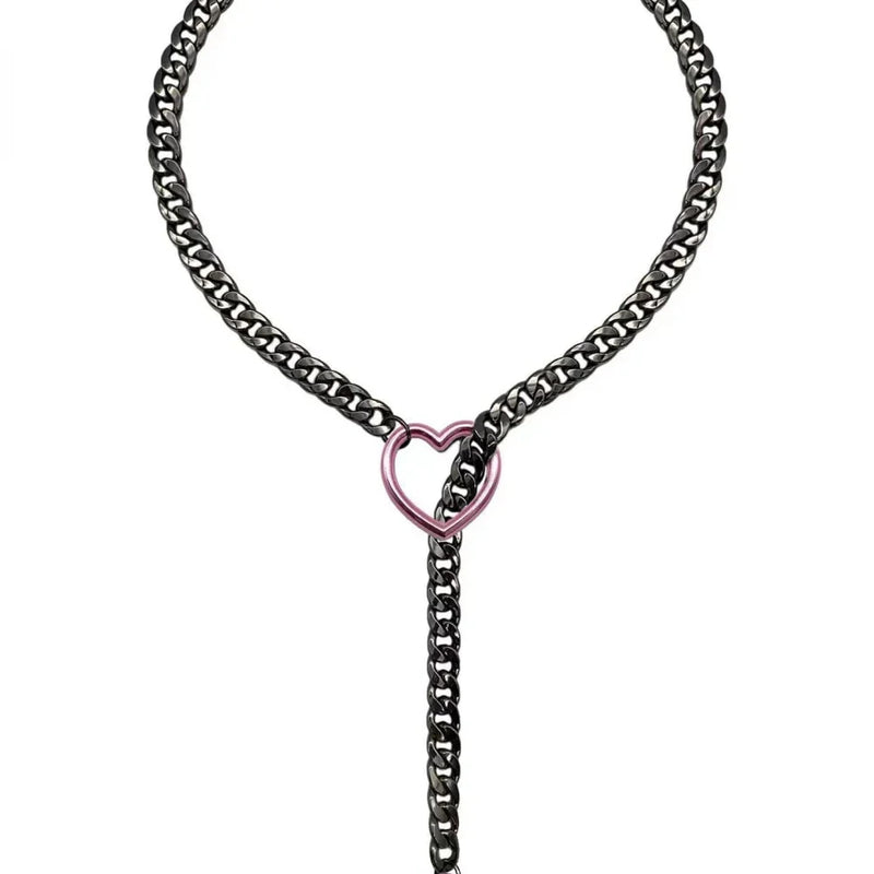 Heart O-Ring Silver Collar & Leash Chain Necklace Set