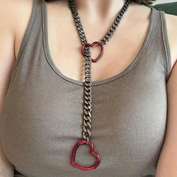 Heart O-Ring Silver Collar & Leash Chain Necklace Set