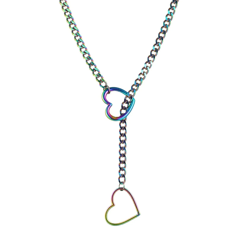 Heart O-Ring Silver Collar & Leash Chain Necklace Set