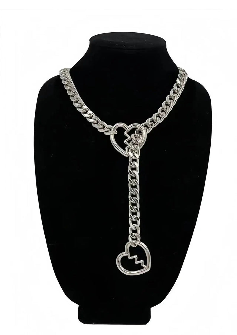 Heart O-Ring Silver Collar & Leash Chain Necklace Set