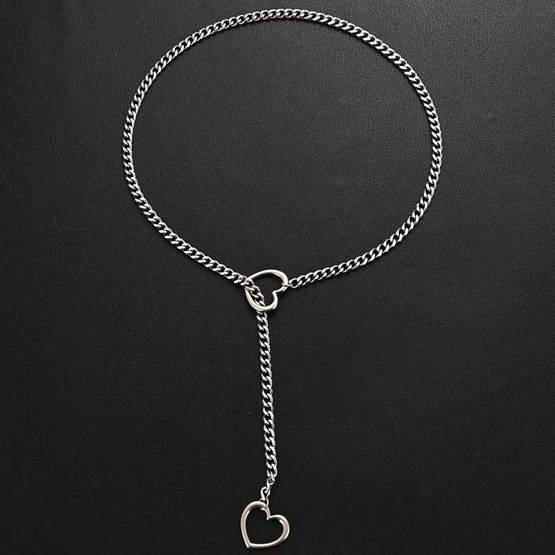 Heart O-Ring Silver Collar & Leash Chain Necklace Set