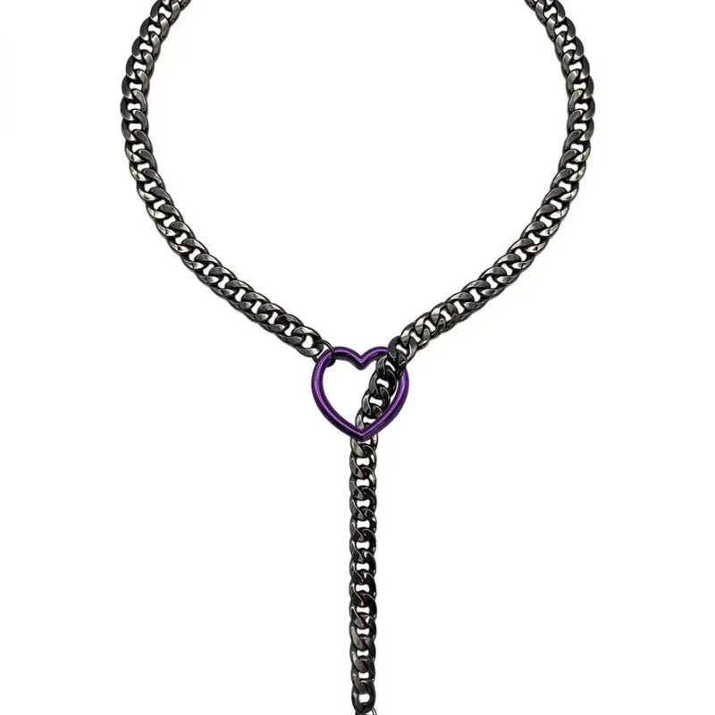 Heart O-Ring Silver Collar & Leash Chain Necklace Set