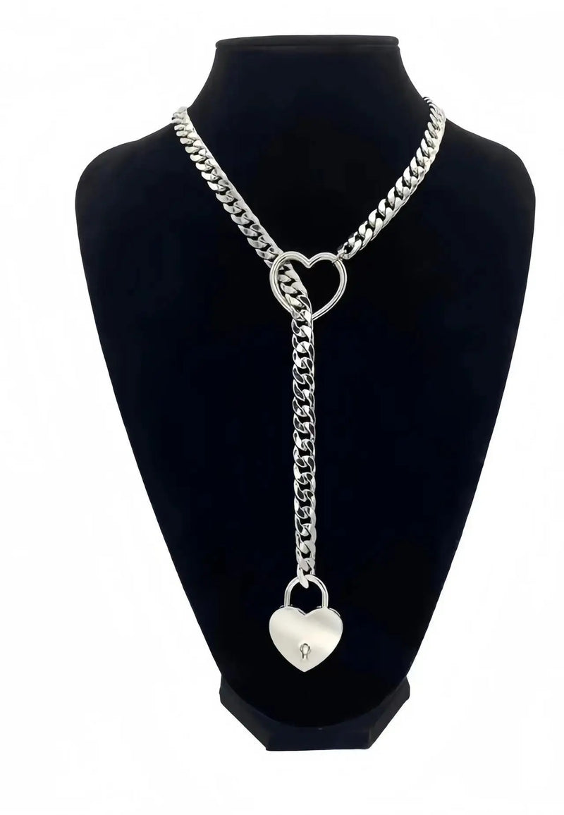 Heart O-Ring Silver Collar & Leash Chain Necklace Set