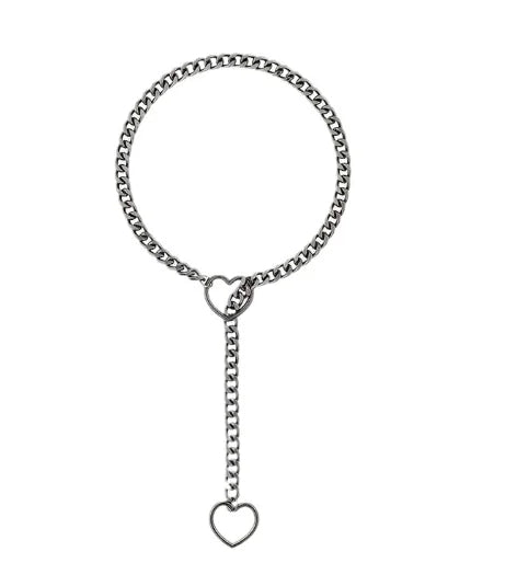 Heart O-Ring Silver Collar & Leash Chain Necklace Set