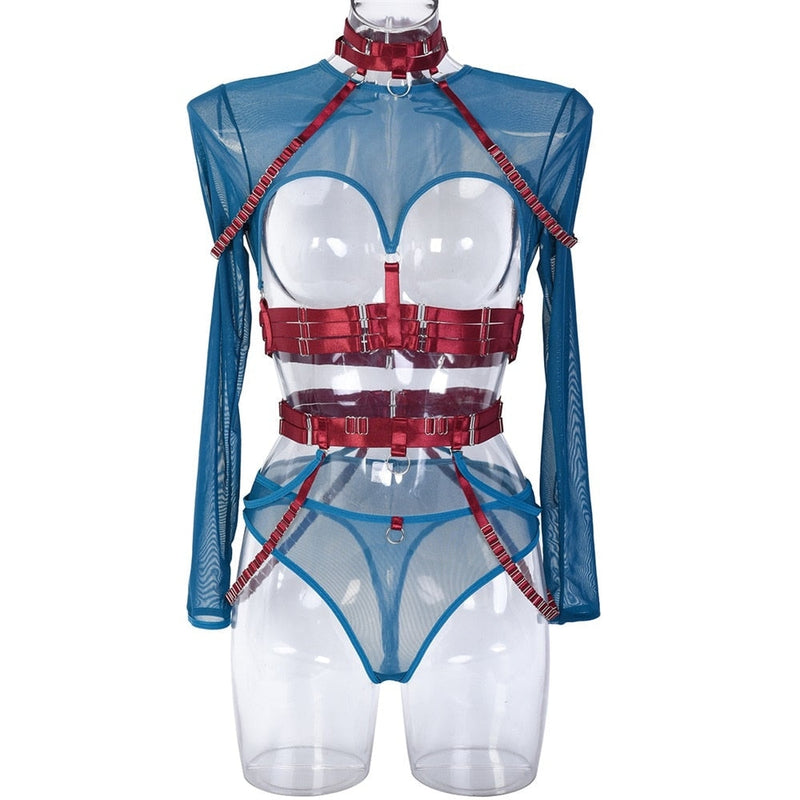 Hot n Heavy Mesh Set - Blue & Red / S - harness set, harnesses, lingerie, lingerie nipple