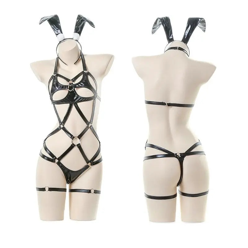 Holiday Bunny Harness Set - Black - bondage, bunny cosplay, costume, girl, outfit