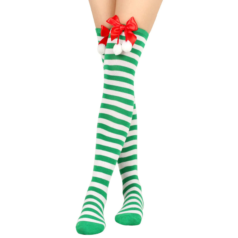 Holiday Christmas Pompom Thigh High Stockings Socks