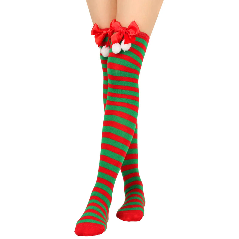 Holiday Christmas Pompom Thigh High Stockings Socks
