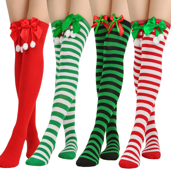 Holiday Christmas Pompom Thigh High Stockings Socks