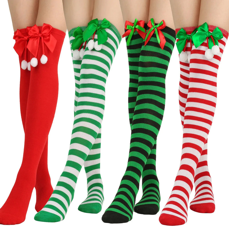 Holiday Christmas Pompom Thigh High Stockings Socks