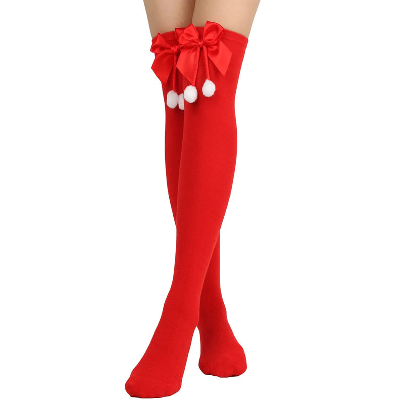 Holiday Christmas Pompom Thigh High Stockings Socks
