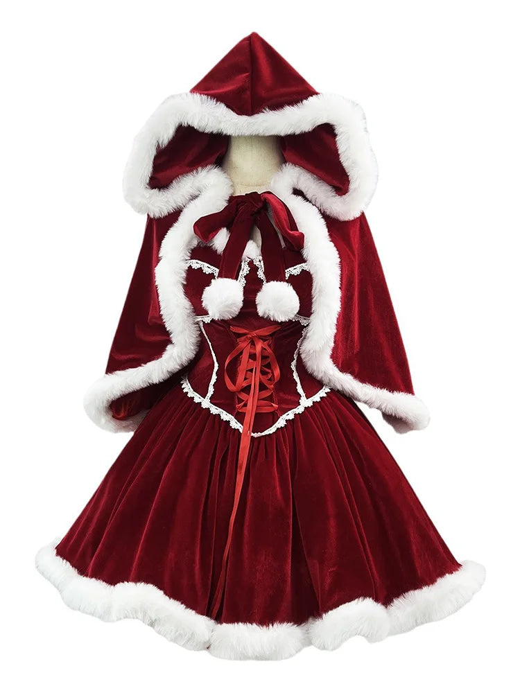 Holiday Christmas Red Riding Hood Outfit Dress Set Plus Size Up To 5XL