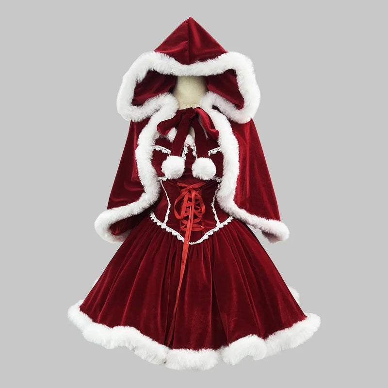 Holiday Christmas Red Riding Hood Outfit Dress Set Plus Size Up To 5XL