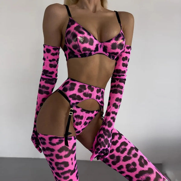 Hot Pink Leopard Print 3 Piece Lingerie Set with Garter Belts