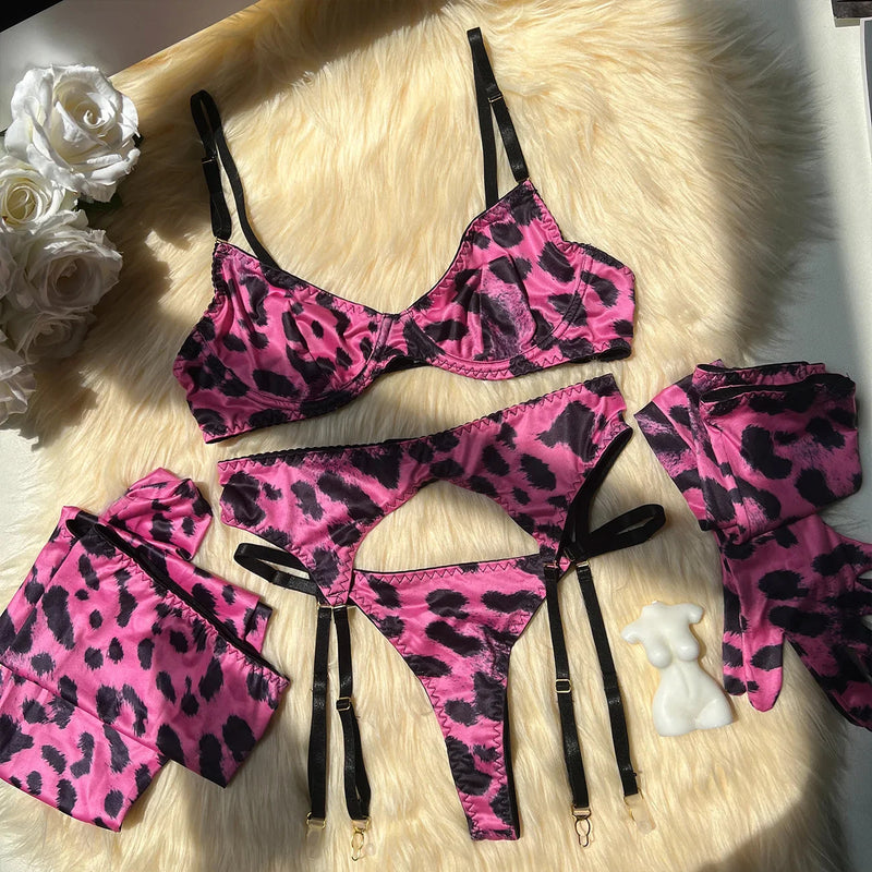 Hot Pink Leopard Print 3 Piece Lingerie Set with Garter Belts