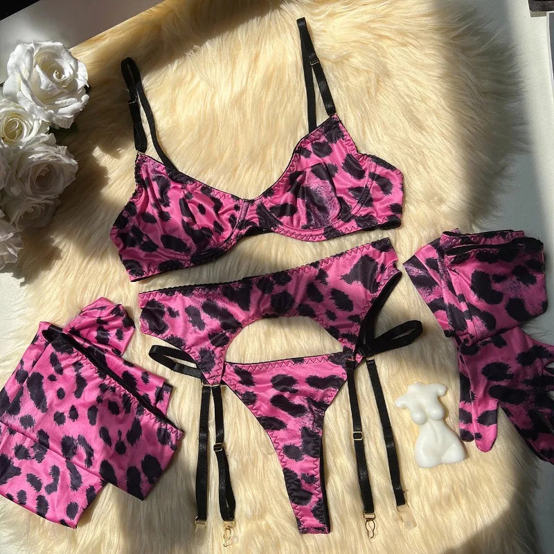 Hot Pink Leopard Print 3 Piece Lingerie Set with Garter Belts