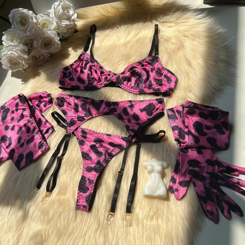 Hot Pink Leopard Print 3 Piece Lingerie Set with Garter Belts