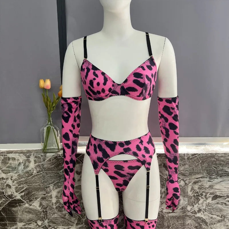 Hot Pink Leopard Print 3 Piece Lingerie Set with Garter Belts