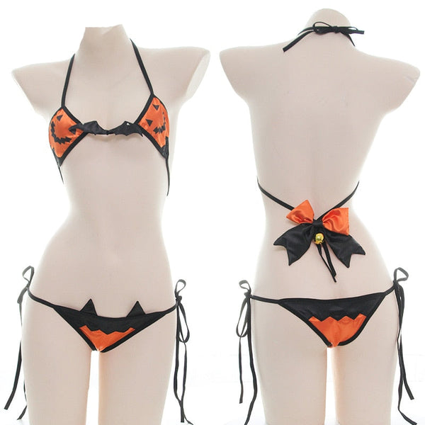 Jack-o-lantern Lingerie Set - bikini, bra, halloween, halloween set, jack o lantern