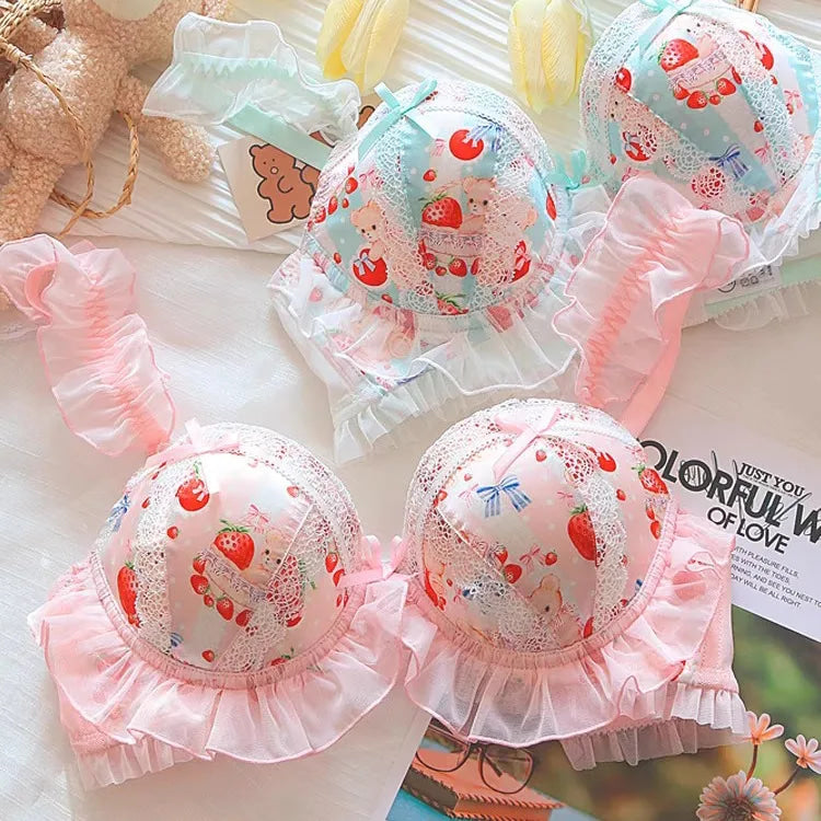 Kawaii Pastel Strawberry Bear Underwire Lingerie Set