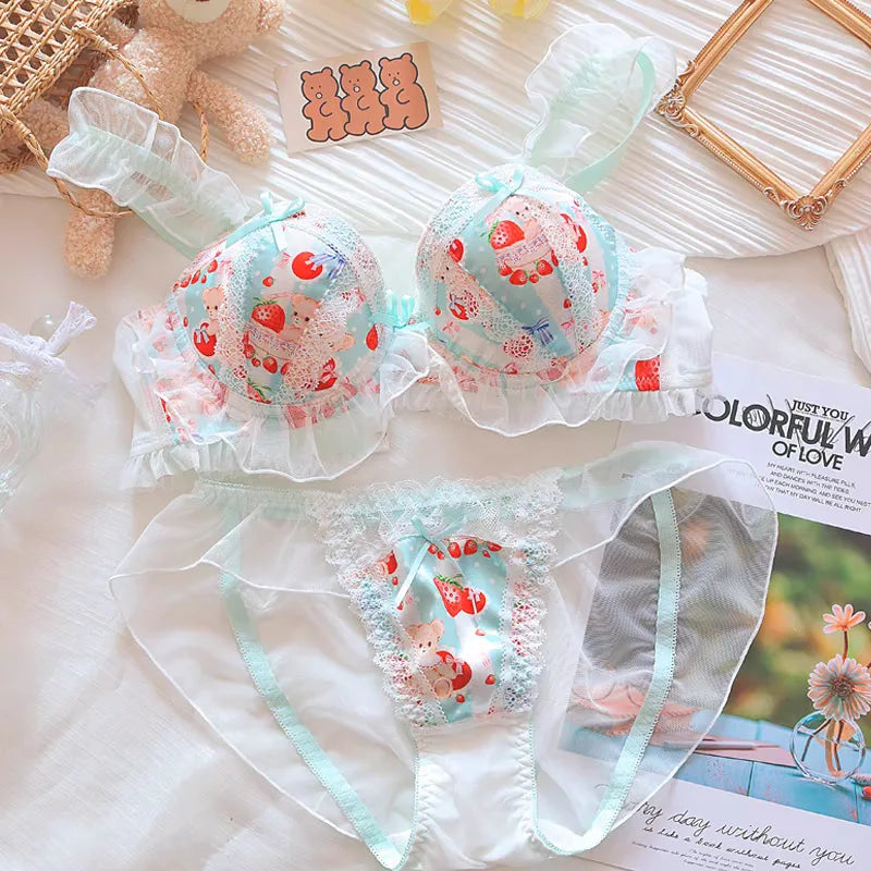 Kawaii Pastel Strawberry Bear Underwire Lingerie Set